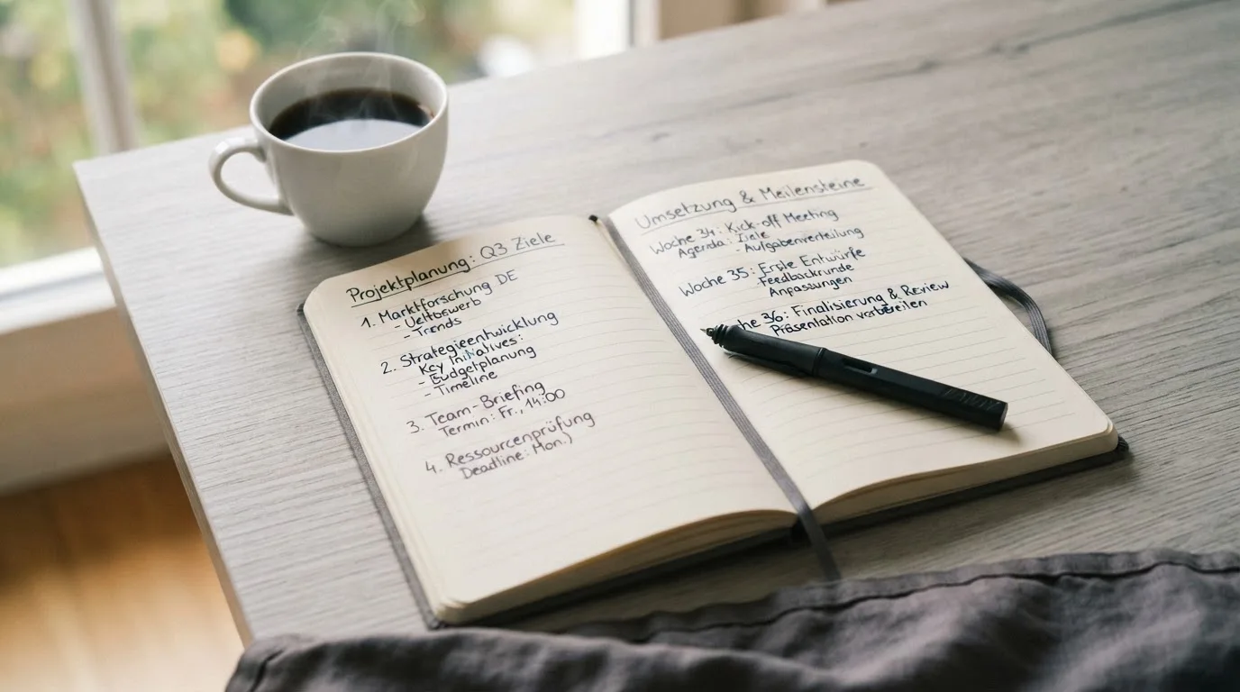 Ein aufgeschlagenes Notizbuch mit handschriftlichen Notizen und ein Kugelschreiber liegen auf einem hellen Schreibtisch neben einer Kaffeetasse.