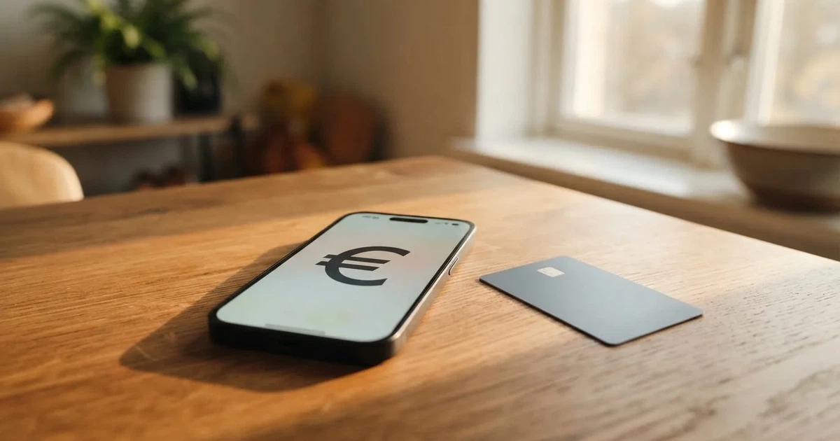 Ein Smartphone liegt mit dem Display nach unten auf einem Holztisch, daneben ein paar Euro-Münzen und eine unbeschriftete Plastikkarte im Morgenlicht.