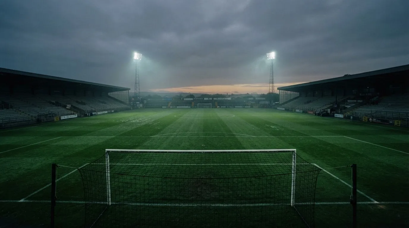 Ein Fußballplatz mit Flutlichtmasten in der Abenddämmerung, aus der Ferne gesehen, leere Tribünen und nasser Rasen unter bewölktem Himmel.
