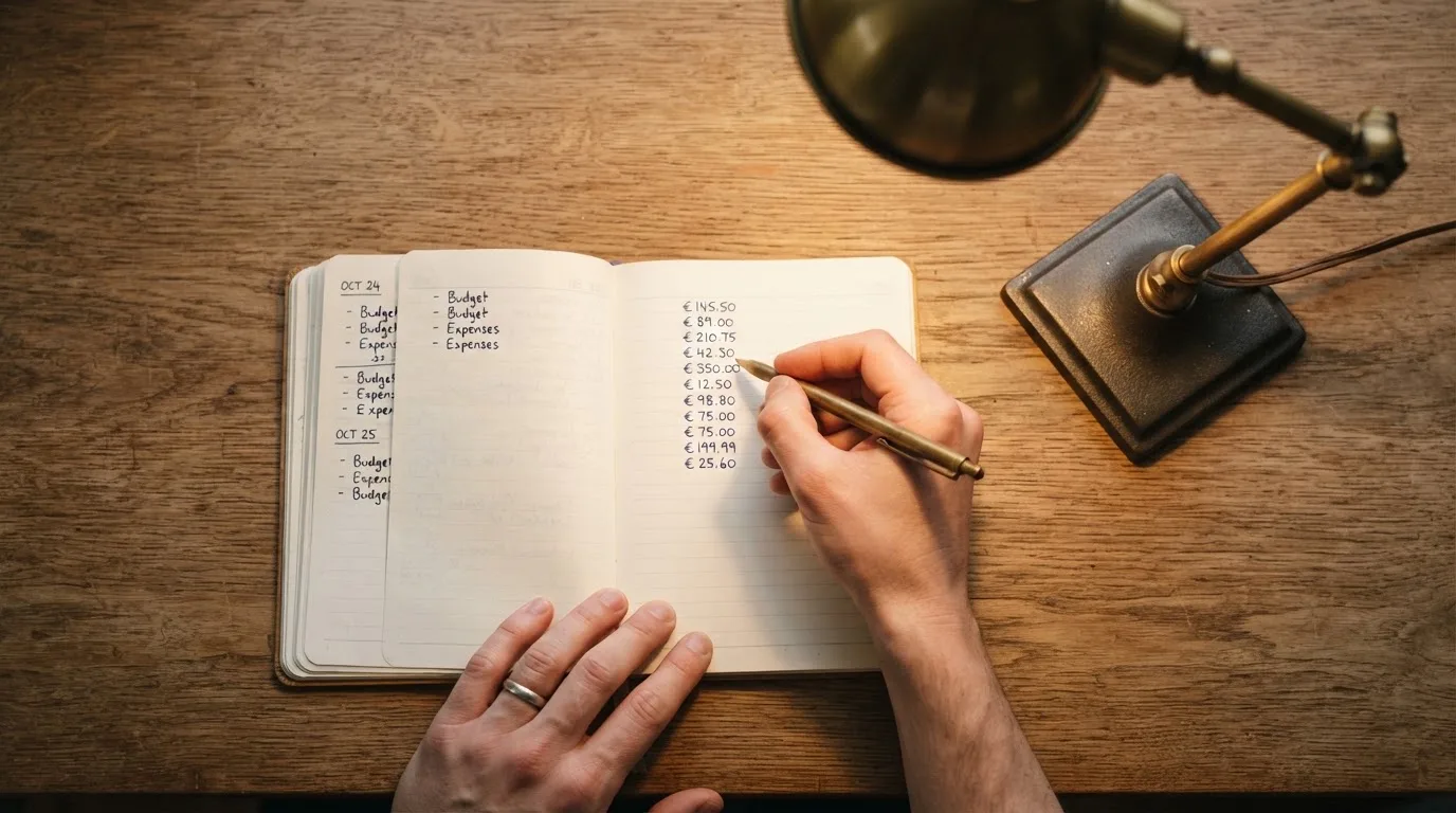 Ein Taschenrechner und ein Blatt Papier mit handschriftlichen Notizen liegen auf einem Schreibtisch unter dem warmen Licht einer Lampe.