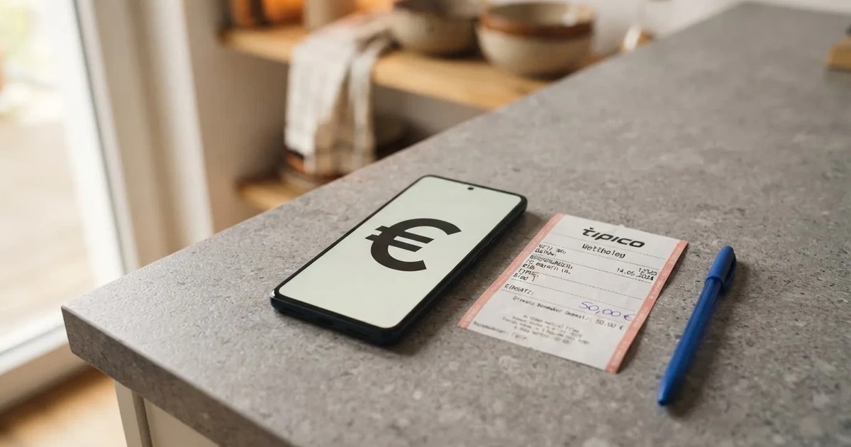 Eine Hand legt ein paar Münzen neben ein umgedrehtes Smartphone auf eine graue Tischplatte, dahinter verschwommen ein Küchenregal.