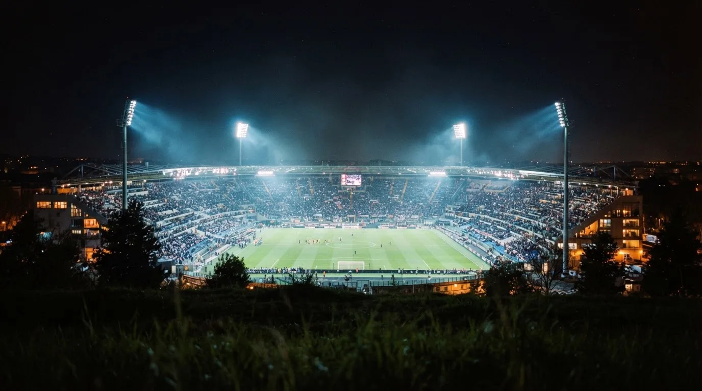 Ein Stadion unter Flutlicht bei Nacht, von einem Hügel aus der Ferne betrachtet, mit Dunst über dem Spielfeld.