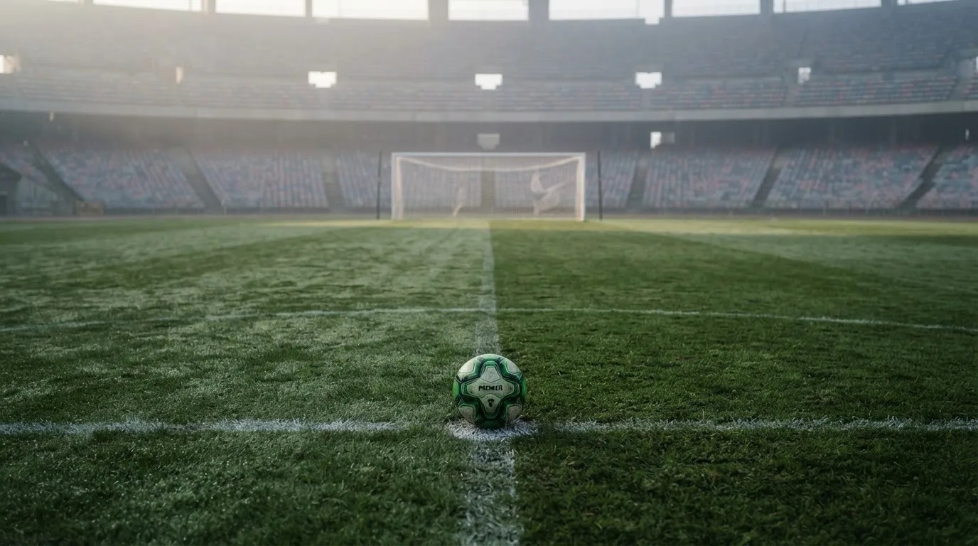 Ein Fußball liegt auf dem Elfmeterpunkt eines leeren Rasenplatzes, im Hintergrund eine Tribüne im Dunst.