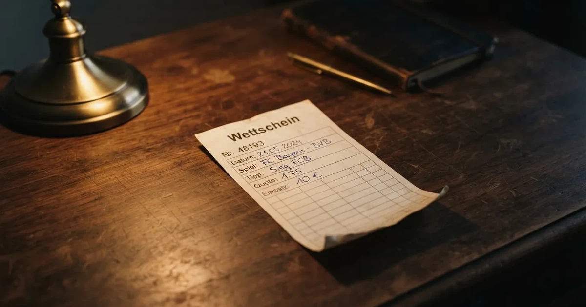 Ein leerer Wettschein aus Papier liegt neben einem Stapel Euro-Münzen auf einem dunklen Holztisch, seitlich von einer Schreibtischlampe beleuchtet.
