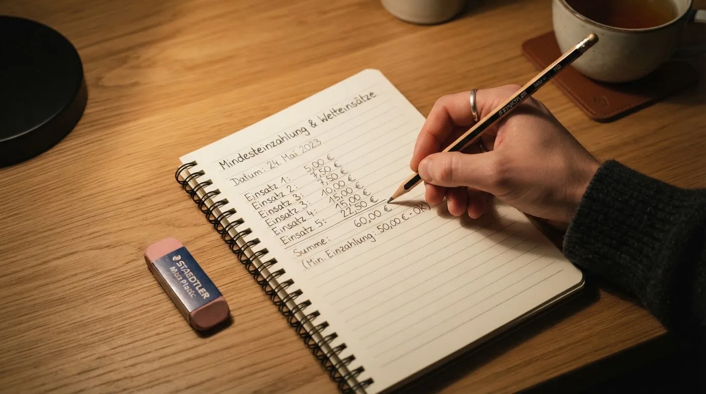 Eine Hand schreibt mit Bleistift Rechenschritte in ein kariertes Heft, daneben liegen ein Radiergummi und ein Taschenrechner.