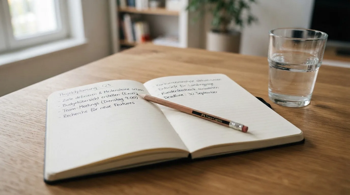 Ein aufgeschlagenes Heft mit handschriftlichen Notizen und ein Bleistift liegen auf einem Schreibtisch, daneben ein Glas Wasser.
