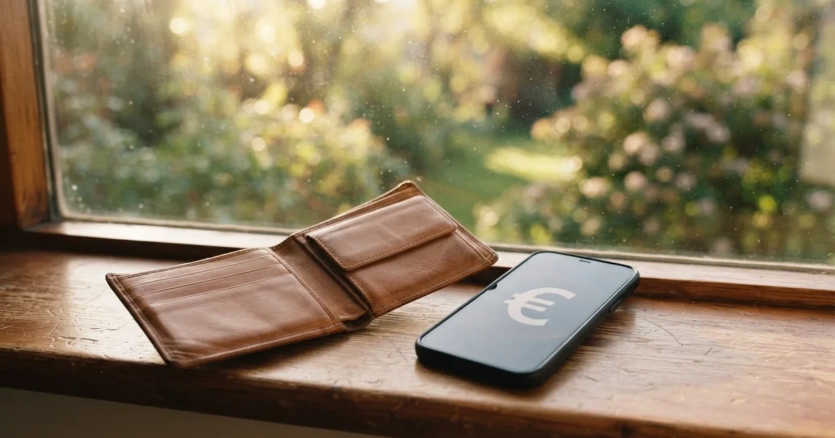 Eine Geldbörse aus Leder liegt geöffnet neben einem Smartphone auf einer Fensterbank, im Hintergrund ein Garten im Gegenlicht.