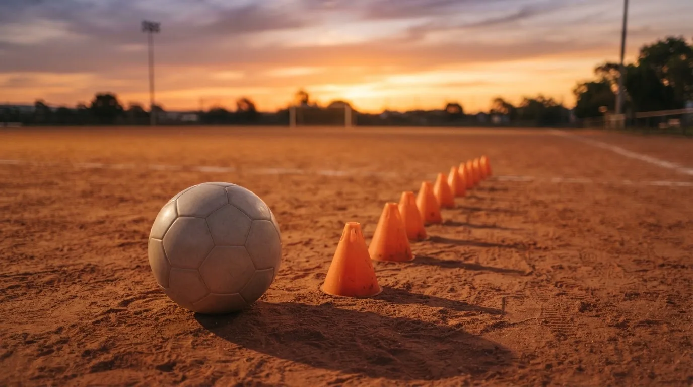 Ein Fußball auf rotem Sandboden neben einer Reihe Hütchen auf einem Trainingsplatz bei untergehender Sonne.