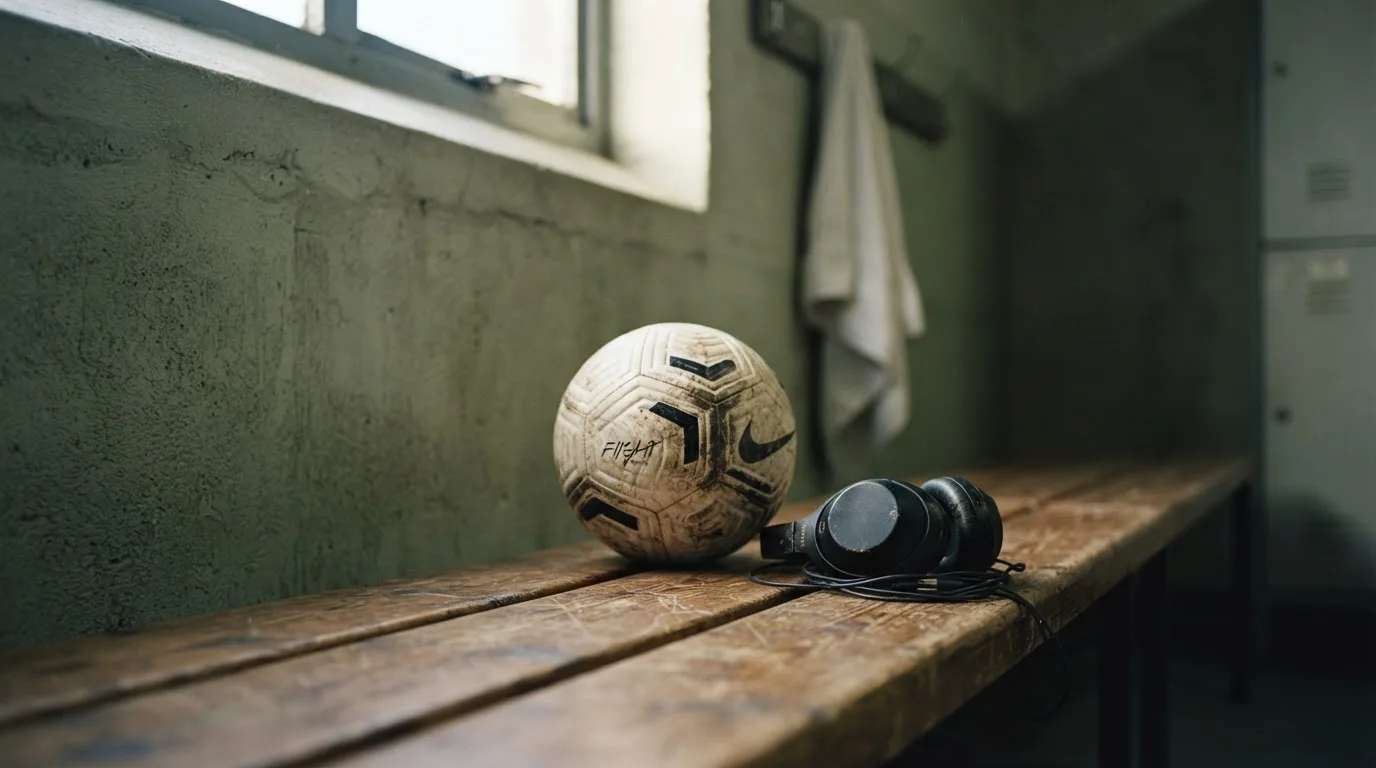Ein Fußball liegt neben Kopfhörern auf einer Holzbank in einer Umkleide, Licht fällt durch ein schmales Fenster.