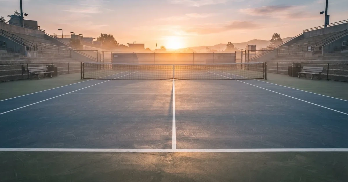 Ein leerer Tennisplatz mit Hartplatzbelag in der Morgendämmerung, das Netz im Gegenlicht und lange Schatten der Linien.