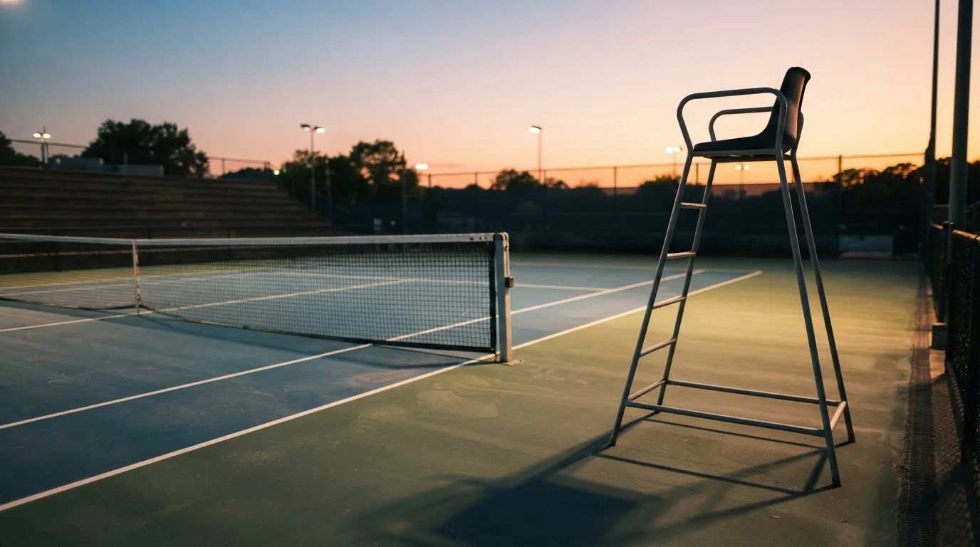 Ein leerer Schiedsrichterstuhl am Spielfeldrand eines Tennisplatzes im Abendlicht, lange Schatten auf dem Belag.
