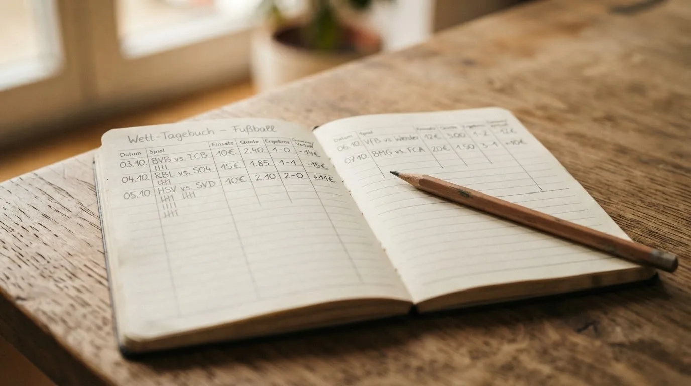 Ein handschriftlich geführtes Heft mit Strichlisten liegt neben einem Bleistift auf einem Tisch, seitlich fällt Tageslicht herein.
