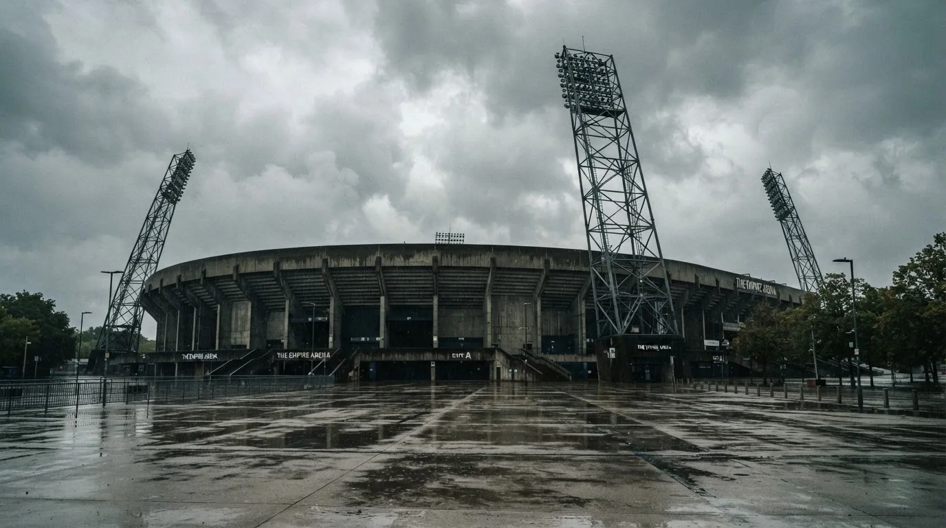 Ein leeres Stadion von außen, hohe Flutlichtmasten vor einem grauen Himmel mit Regenwolken.