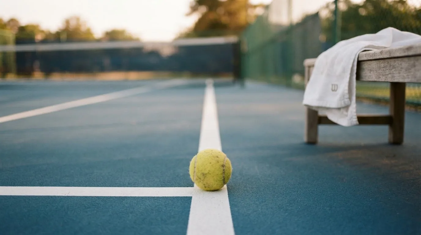 Ein gelber Tennisball liegt auf einer weißen Linie, daneben ein Handtuch auf einer Bank am Spielfeldrand.