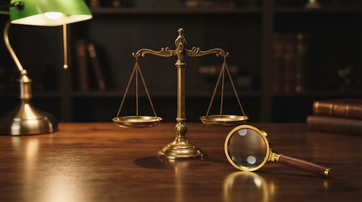 Eine Waage aus Messing steht neben einer Lupe auf einem polierten Schreibtisch im Licht einer Lampe.