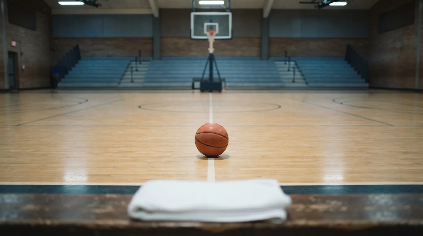 Ein Basketball liegt auf der Freiwurflinie einer Halle, im Vordergrund ein Handtuch auf einer Bank.