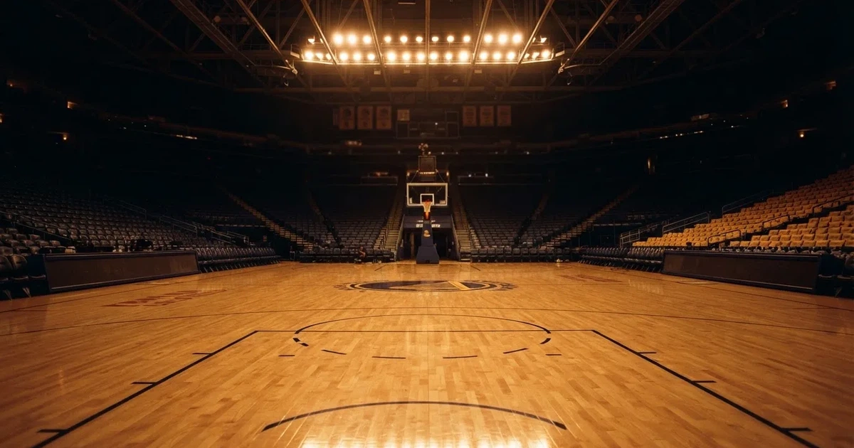 Eine leere Basketballhalle mit glänzendem Parkett und einem Korb im Hintergrund, Licht von Deckenstrahlern spiegelt sich im Boden.
