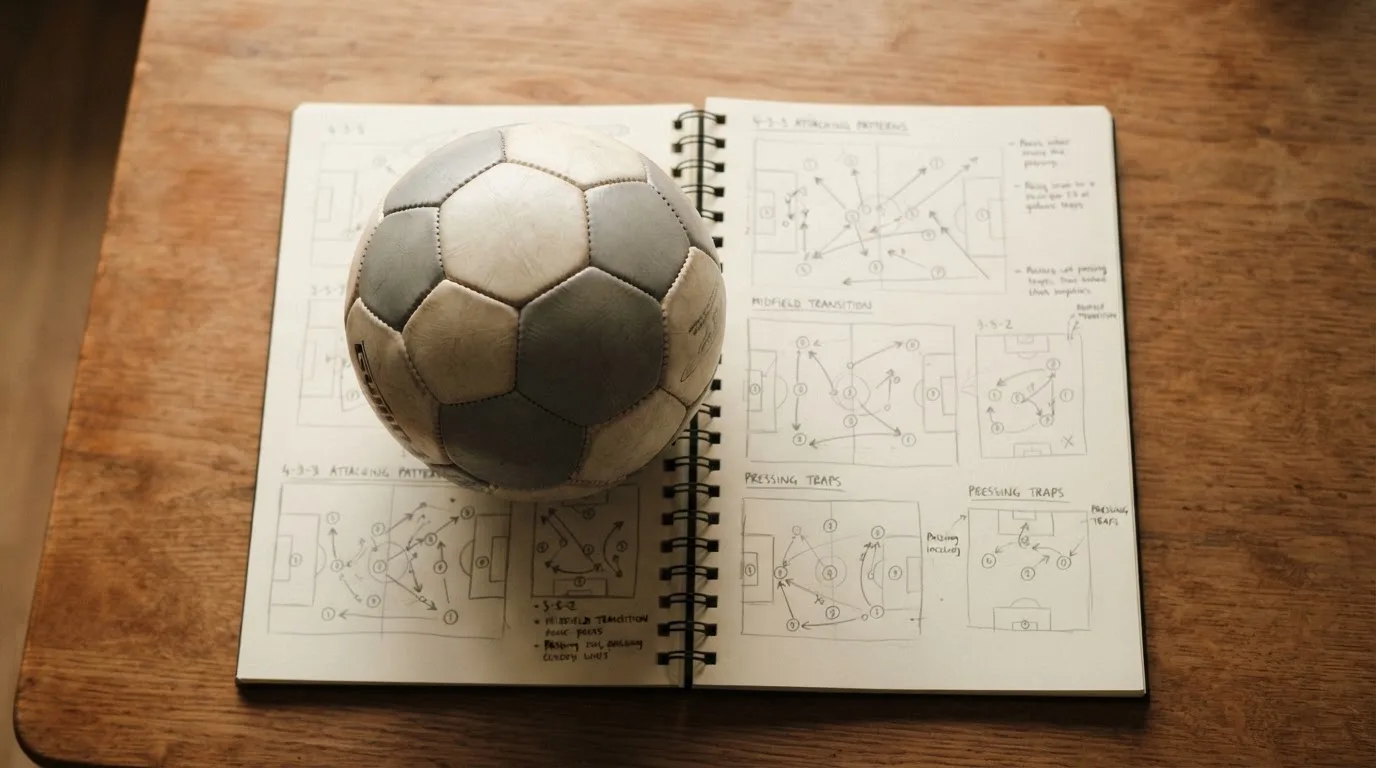 Ein Fußball liegt auf einem Notizbuch mit handgezeichneten Skizzen von Spielzügen, aufgenommen von oben auf einem Holztisch.