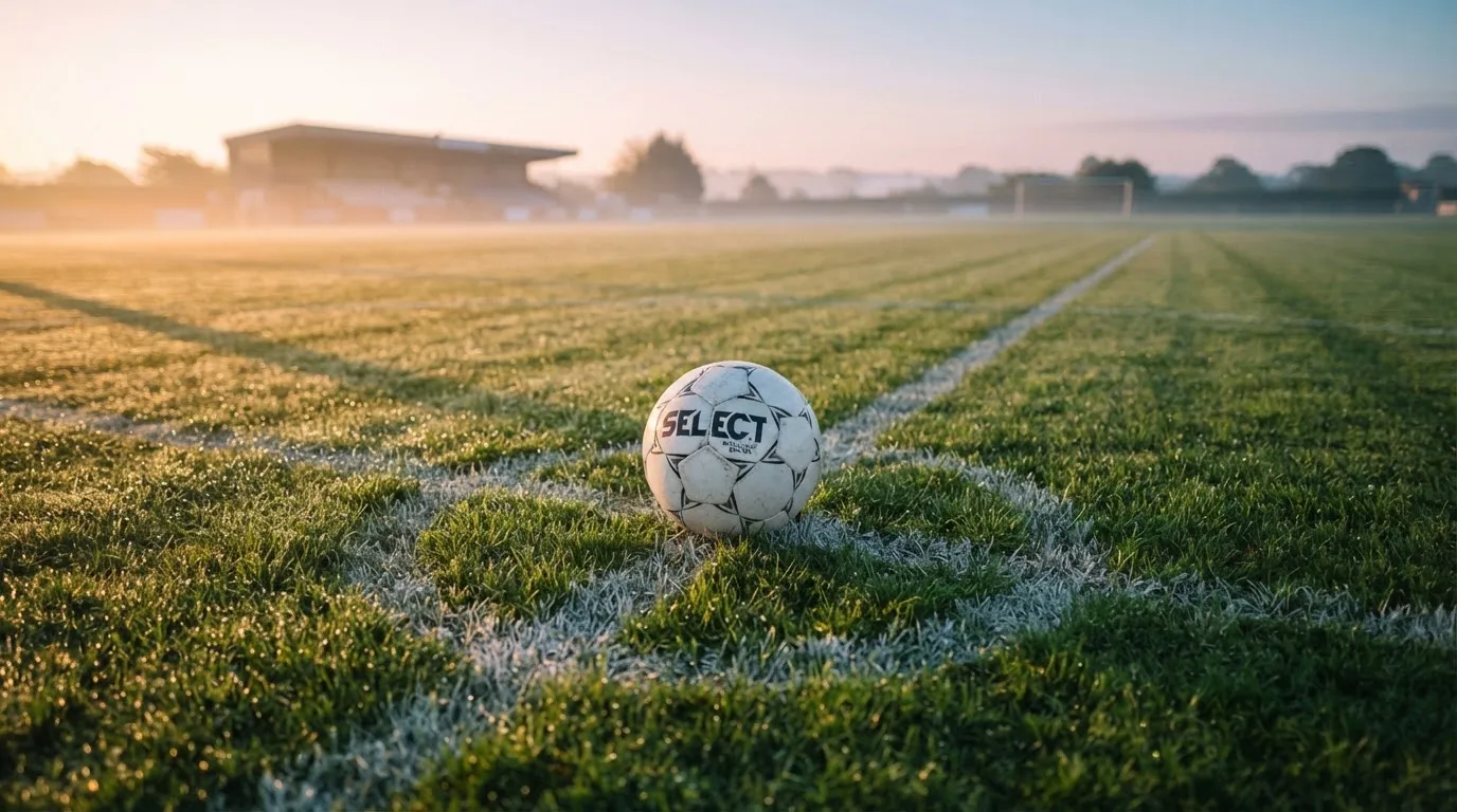 Ein Fußball liegt auf dem Anstoßpunkt eines Rasens bei Sonnenaufgang, Tau glitzert auf den Halmen.