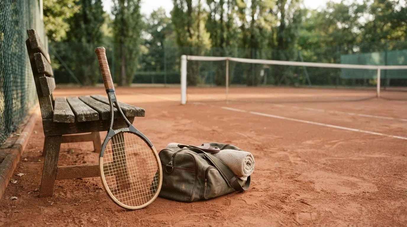 Ein Tennisschläger lehnt an einer Bank neben einer Sporttasche, im Hintergrund ein leerer Platz.