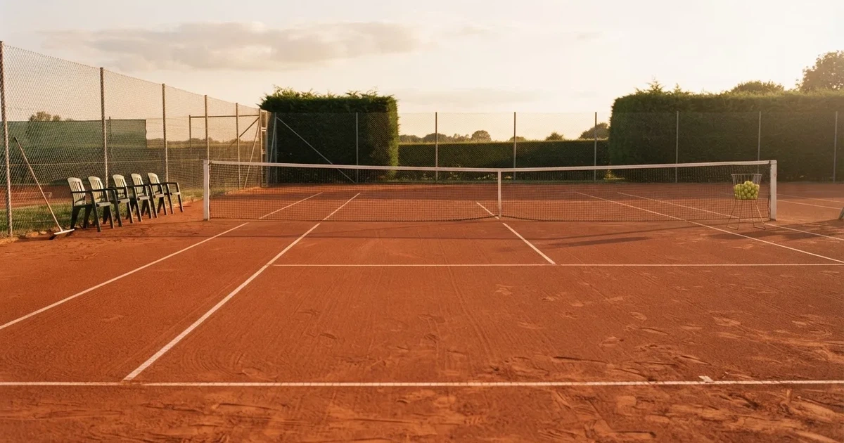 Ein Sandplatz mit frisch gezogenen Linien in der Nachmittagssonne, Netz und Ballkorb am Rand, keine Menschen.