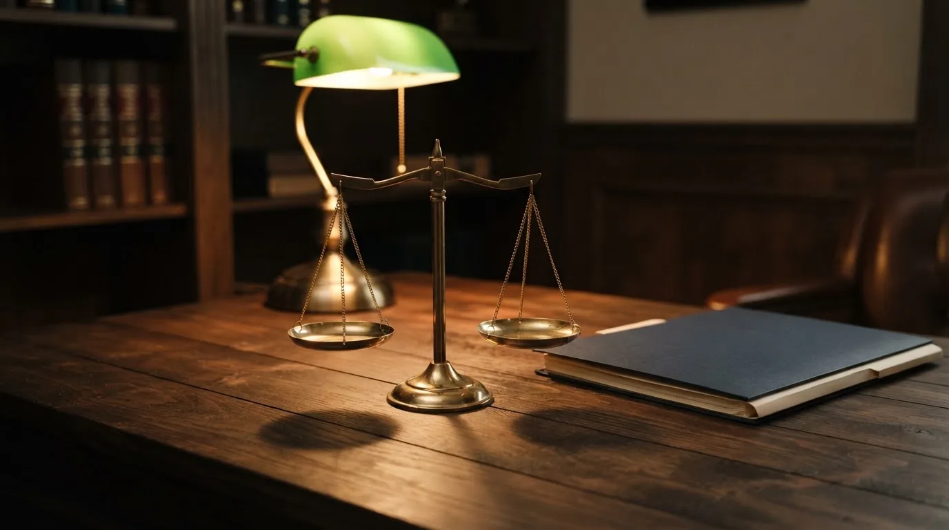 Eine Waage aus Messing und ein geschlossener Ordner ohne Beschriftung stehen neben einer Tischlampe auf einem Schreibtisch.
