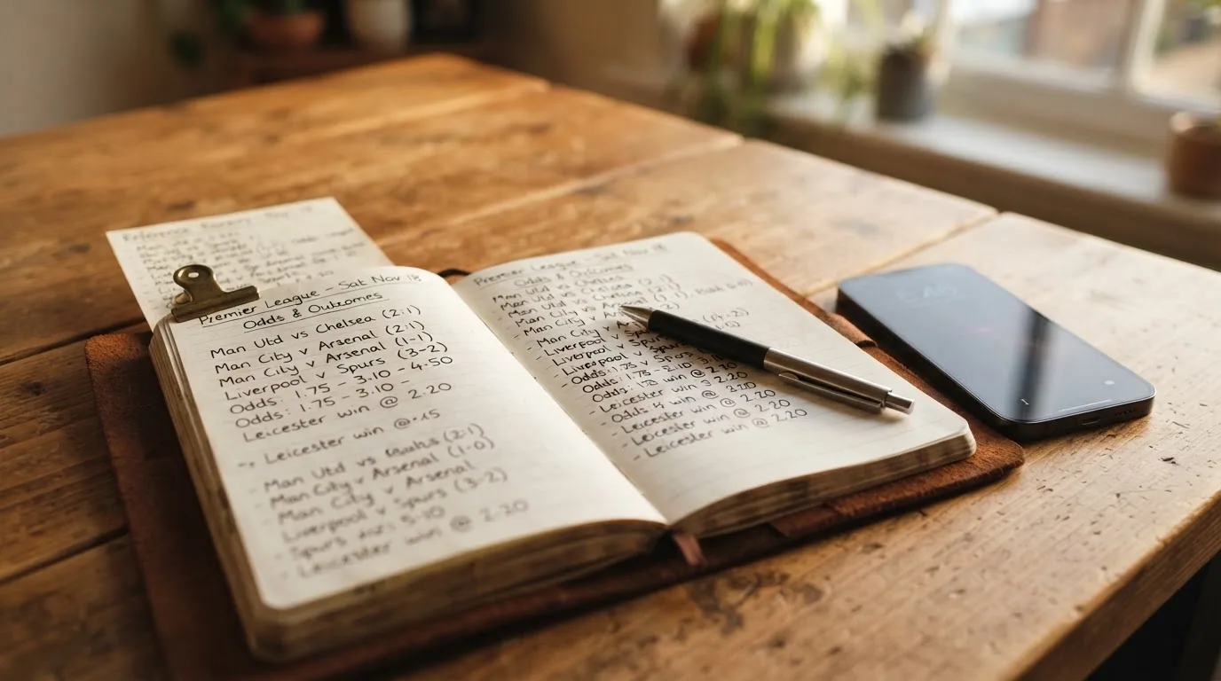 Ein Notizbuch mit handschriftlichen Notizen und ein Kugelschreiber liegen neben einem Smartphone mit dunklem Display auf einem Holztisch.