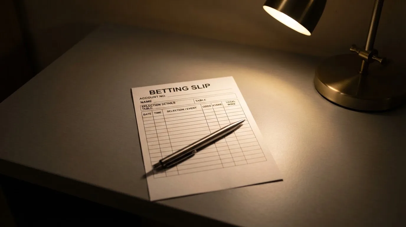 Ein leerer Wettschein aus Papier liegt neben einem Stift auf einem Schreibtisch im Licht einer kleinen Tischlampe.