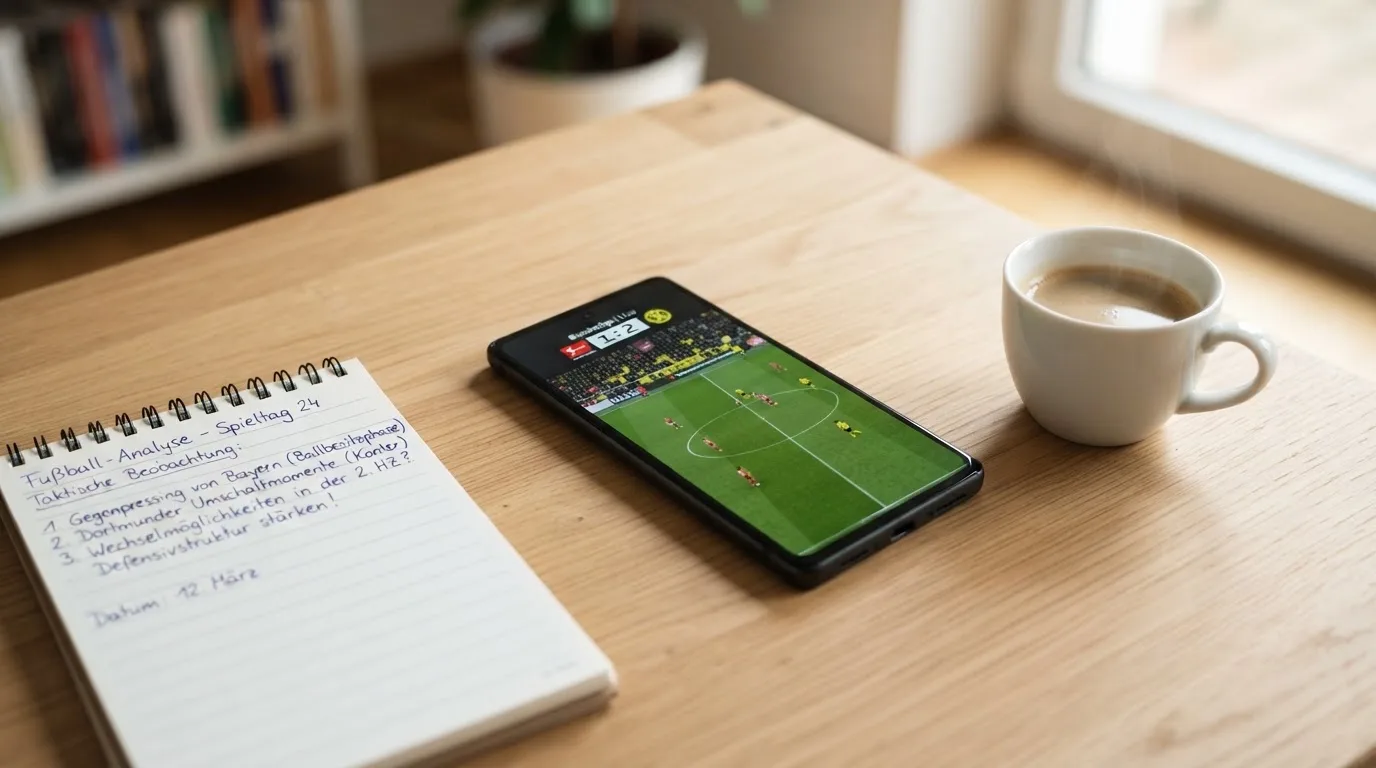 Ein Smartphone mit dunklem Display liegt neben einer Kaffeetasse und einem Notizblock auf einem hellen Tisch.
