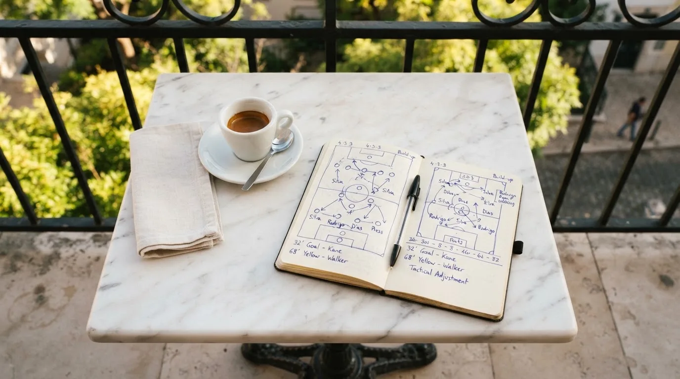 Eine Espressotasse steht auf einem kleinen Marmortisch einer Terrasse, daneben ein Notizheft mit handschriftlichen Skizzen.