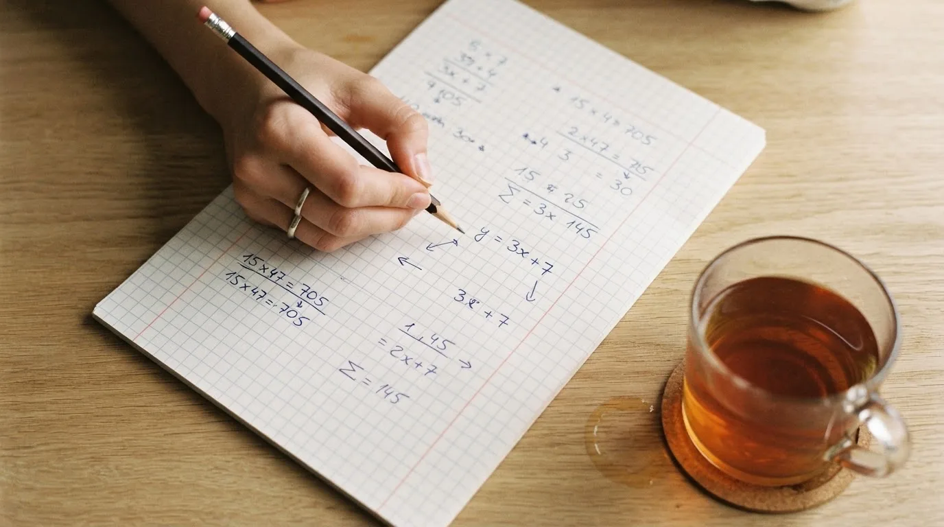 Ein Taschenrechner und ein Bleistift liegen auf einem karierten Notizblock neben einem Glas Tee auf einem Holztisch.