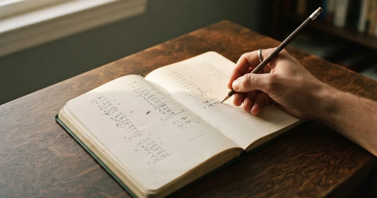 Ein aufgeschlagenes Notizbuch mit handschriftlichen Zahlenreihen und ein Bleistift liegen neben einem Taschenrechner auf einem Schreibtisch.