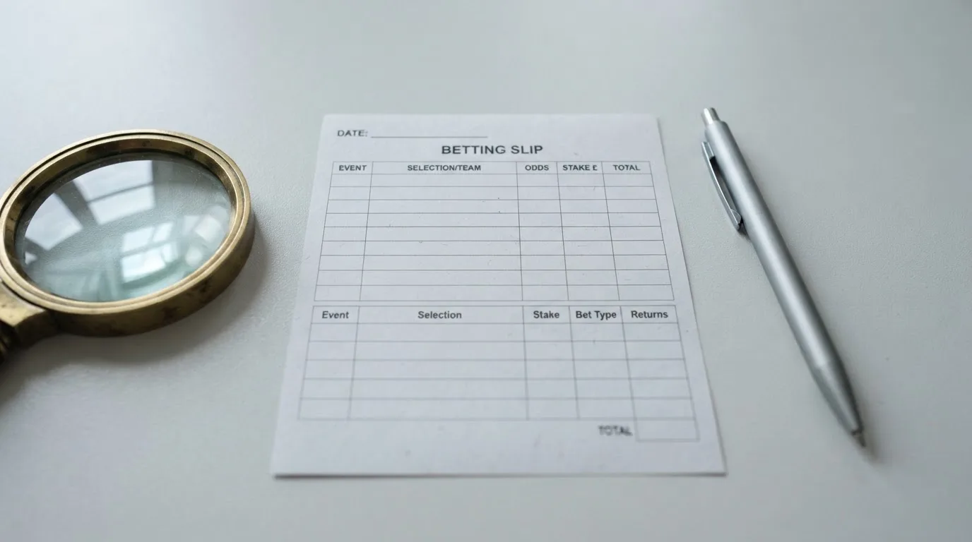 Ein leerer Wettschein aus Papier und ein Kugelschreiber liegen auf einem Schreibtisch neben einer Lupe.