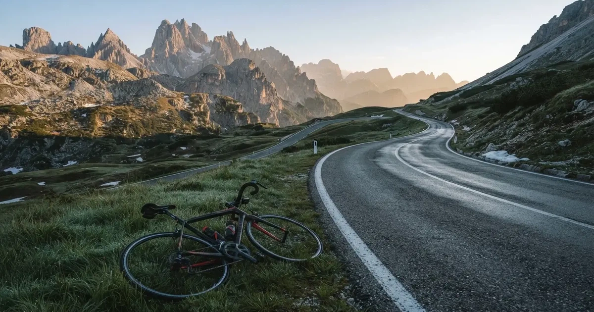 Eine leere Landstraße schlängelt sich im Morgenlicht durch einen Gebirgspass, am Straßenrand liegt ein einzelnes Rennrad im Gras.