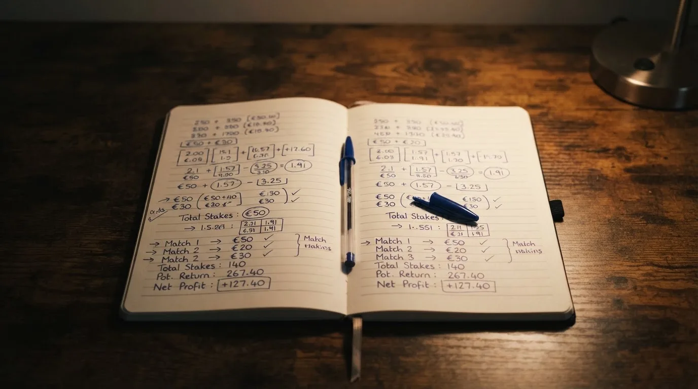 Ein Notizbuch mit handschriftlichen Rechnungen und ein Taschenrechner liegen auf einem aufgeräumten Schreibtisch in warmem Licht.