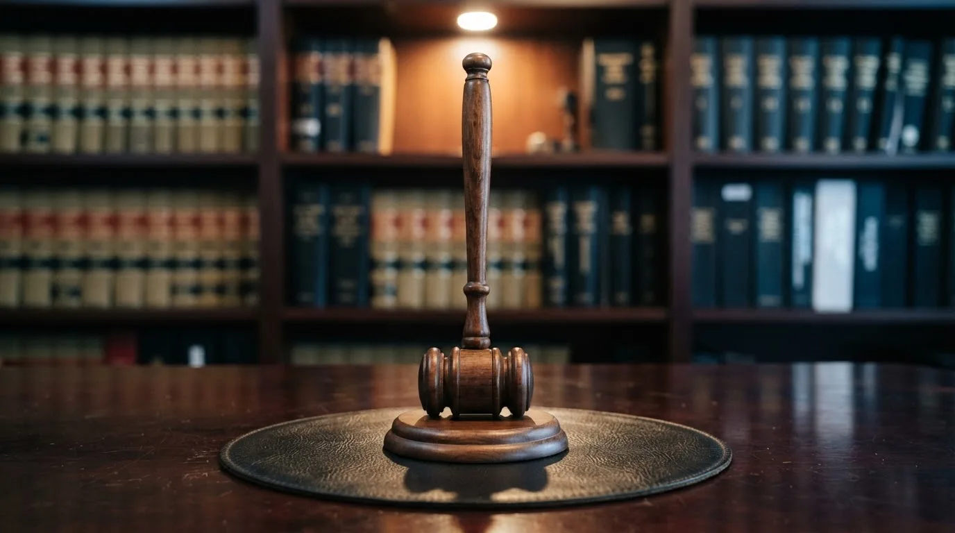 Ein Richterhammer aus Holz steht auf einer dunklen Schreibtischplatte, im Hintergrund ein unscharfes Bücherregal.