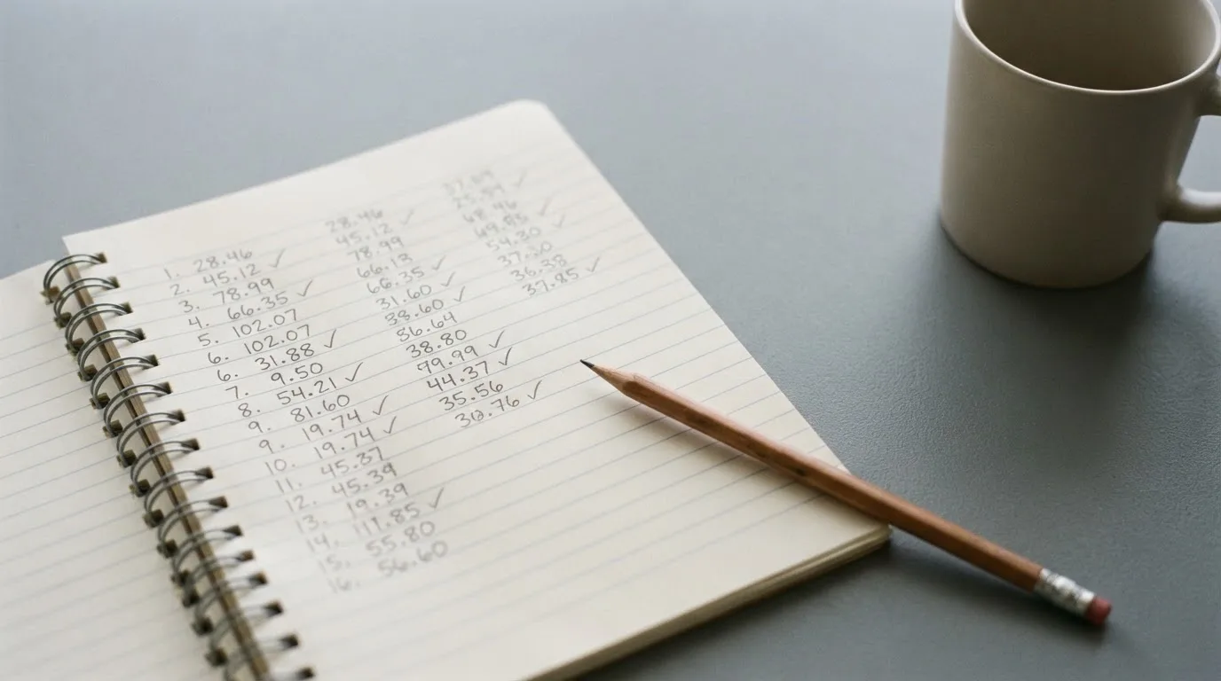 Ein Taschenrechner, ein Bleistift und ein Block mit handschriftlichen Zahlenreihen liegen auf einer grauen Arbeitsfläche.
