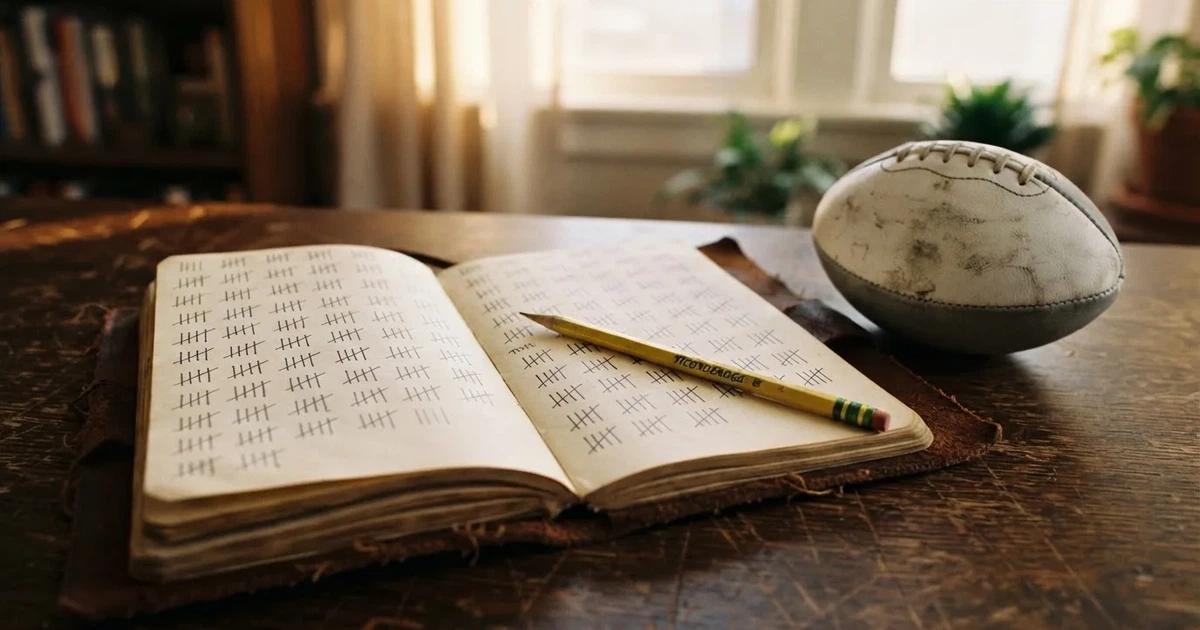 Ein Notizbuch mit handschriftlichen Strichlisten, ein Bleistift und ein kleiner Fußball liegen auf einem Schreibtisch vor einem Fenster.