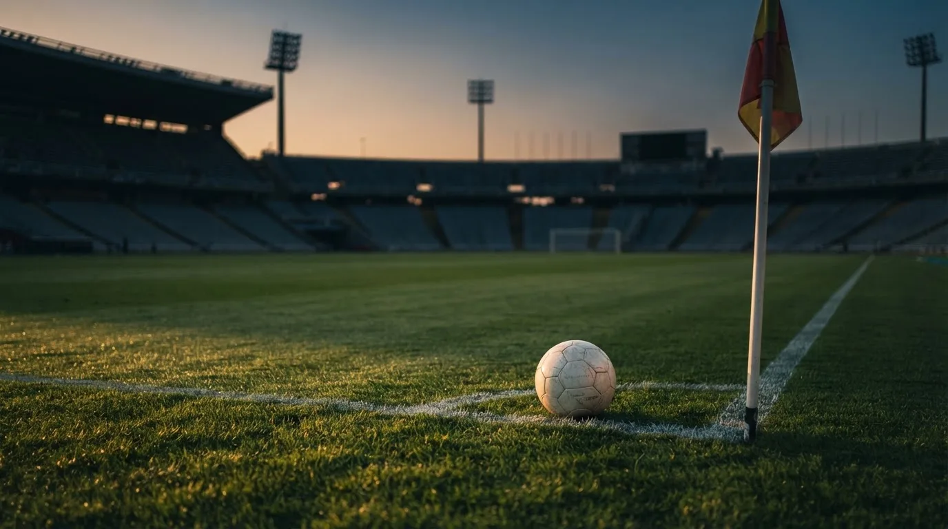 Ein Fußball liegt neben einem Eckfahnen-Pfosten auf einem Rasenplatz, im Hintergrund ein leeres Stadion in der Dämmerung.