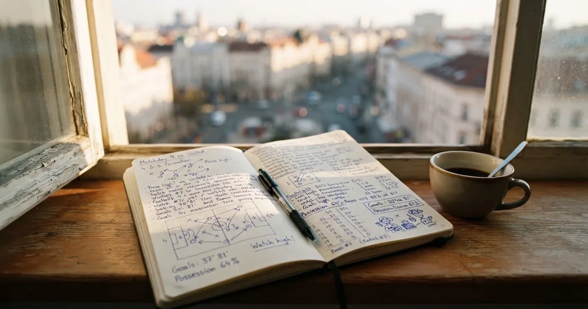 Ein aufgeklapptes Notizbuch mit handschriftlichen Pfeilen und Kreuzen liegt neben einem Kugelschreiber und einem Becher Kaffee auf einem Tisch am Fenster.
