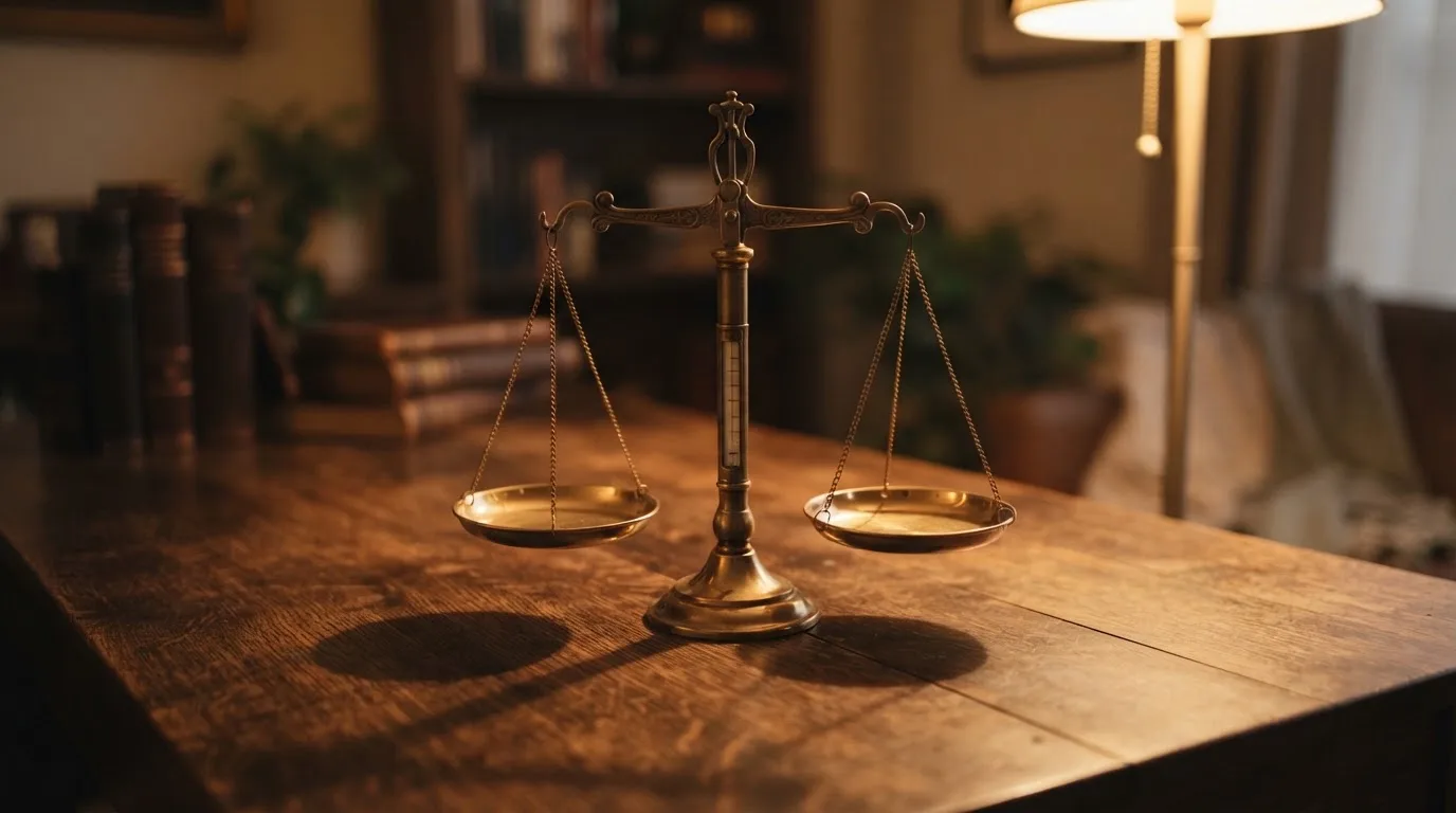 Eine Waage mit zwei leeren Schalen aus Messing steht auf einem Tisch, das Licht einer Stehlampe fällt von rechts.