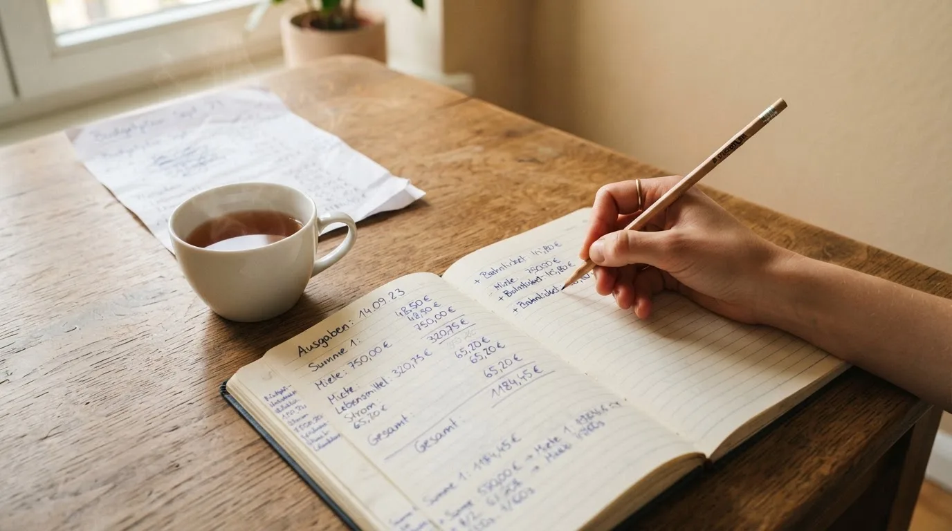 Ein Schreibtisch mit Taschenrechner, Bleistift und einem Block voller handschriftlicher Rechnungen, daneben eine Tasse Tee.