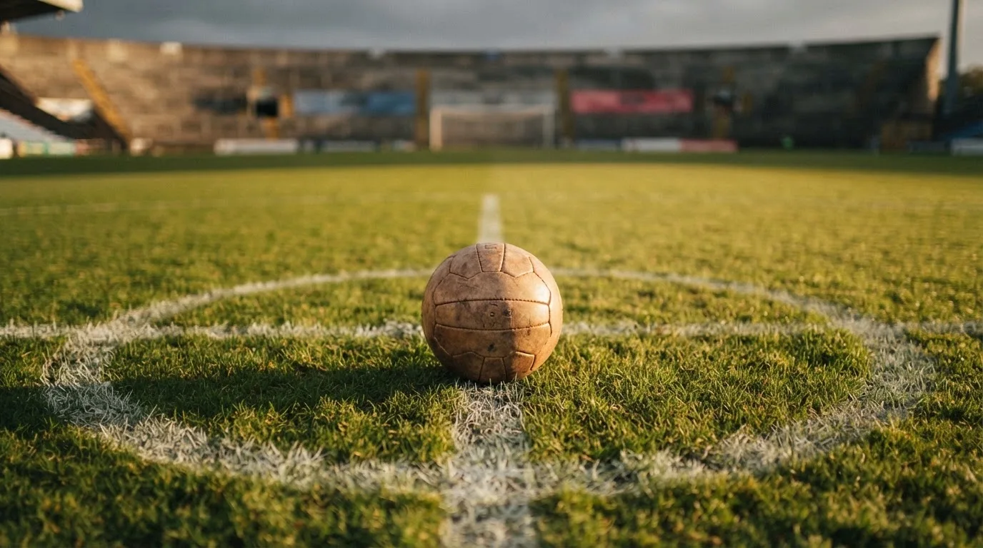 Ein Fußball liegt auf dem Rasen im Mittelkreis, die Kreidelinien führen scharf ins Bild, dahinter verschwimmt eine Tribüne.