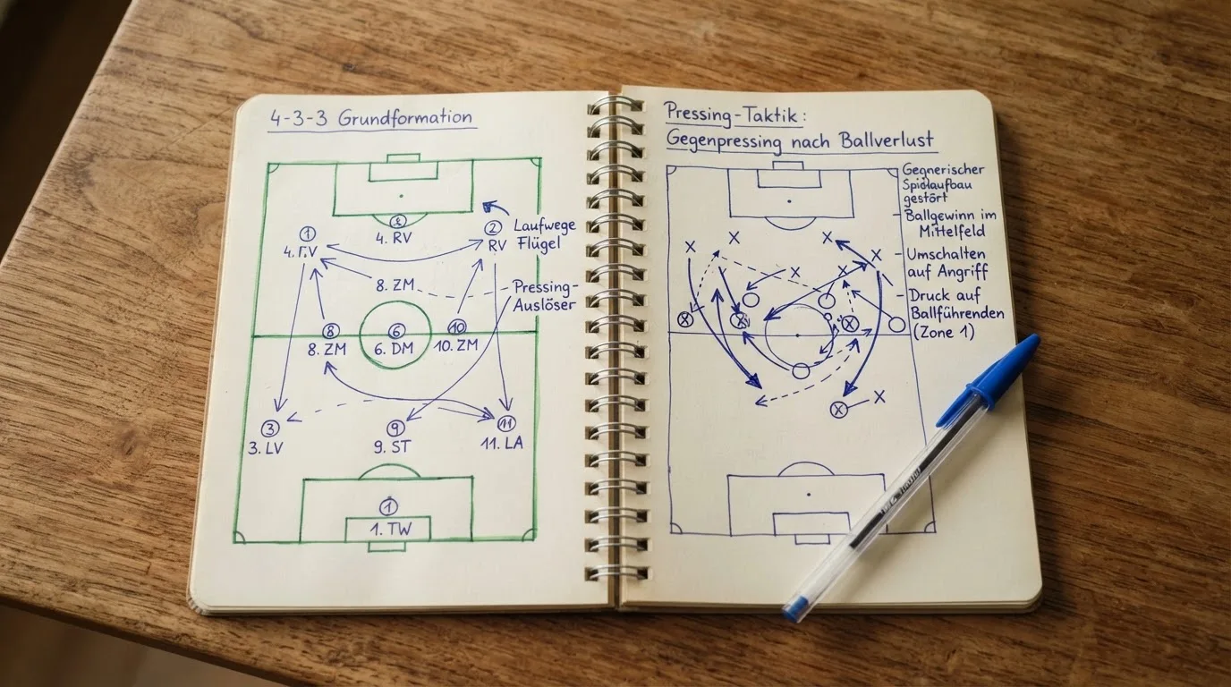 Ein aufgeschlagenes Notizbuch mit handschriftlichen Skizzen von Spielzügen liegt neben einem Kugelschreiber auf einem Holztisch.