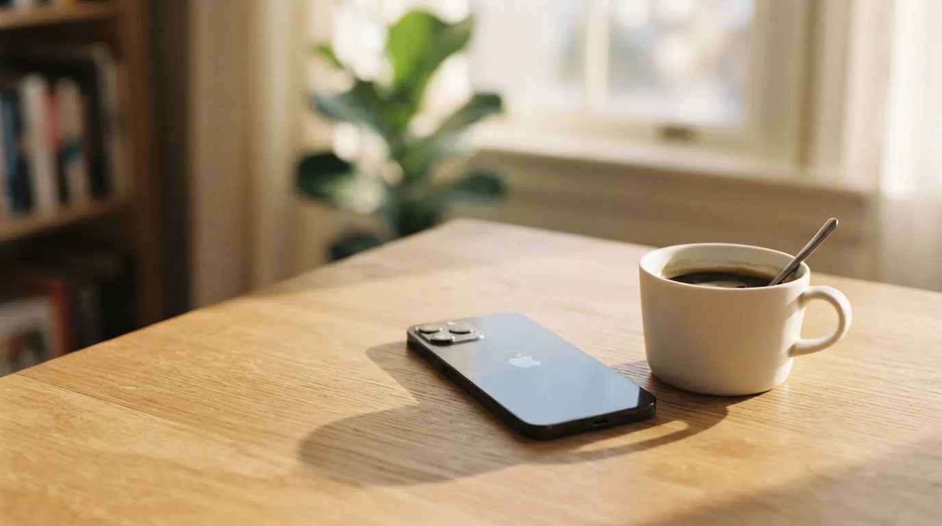 Ein Smartphone mit dunklem Display liegt neben einer Kaffeetasse auf einem Holztisch im Licht eines Fensters.