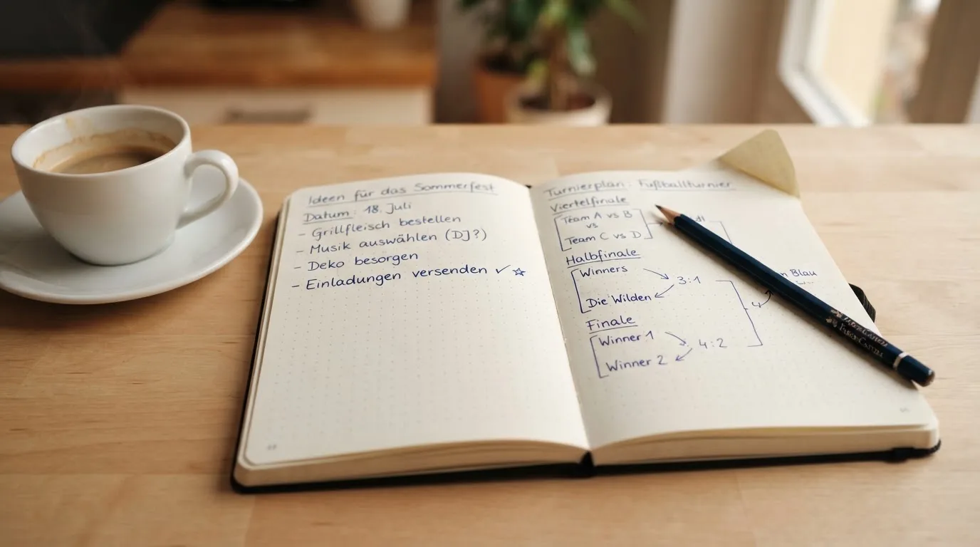 Ein aufgeschlagenes Notizbuch mit handgeschriebenen Stichpunkten und ein Bleistift liegen neben einer Kaffeetasse auf einem hellen Holztisch.
