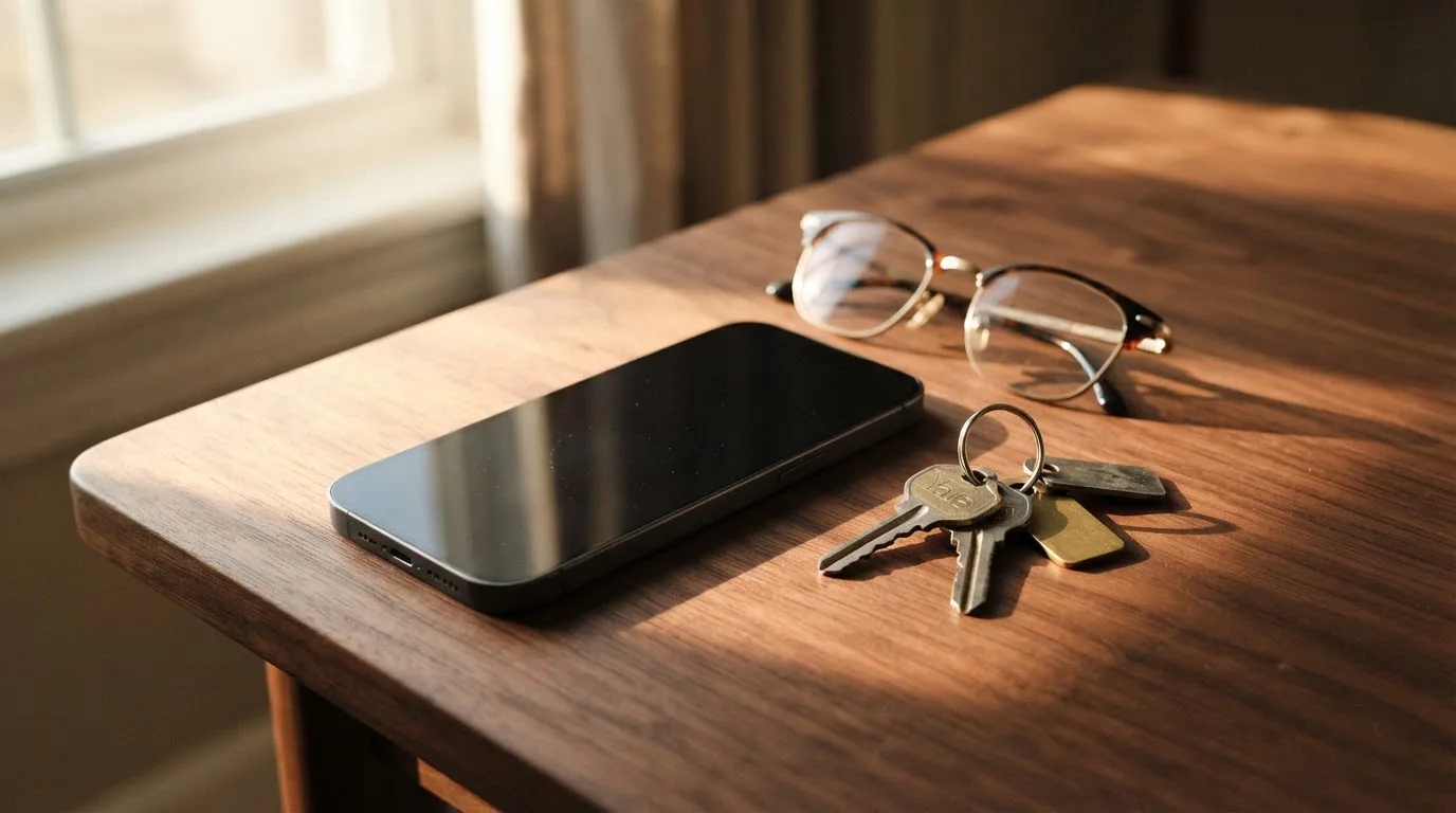 Ein Smartphone liegt mit dunklem Display auf einem Holztisch neben einem Schlüsselbund und einer Brille im Licht eines Fensters.
