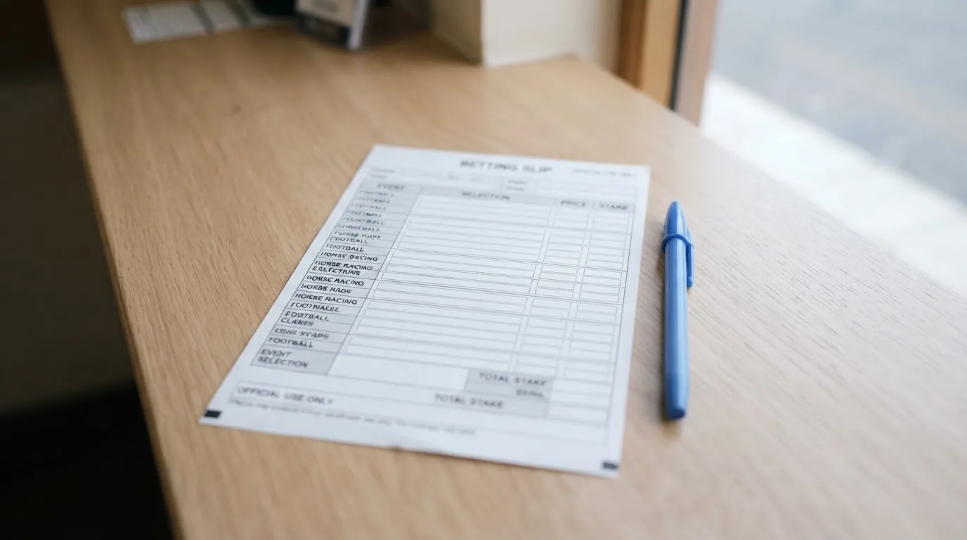 Ein leerer Papier-Wettschein und ein Kugelschreiber liegen auf einer Theke aus hellem Holz im Tageslicht.