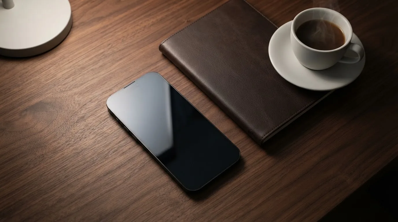 Ein Smartphone liegt mit dunklem Display auf einem Schreibtisch neben einem Notizbuch und einer Kaffeetasse.