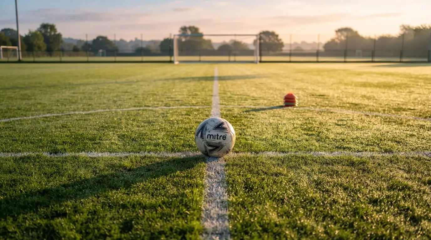 Ein Fußball liegt auf einem Rasenplatz bei Sonnenaufgang, daneben ein kleiner Stapel Trainingshütchen.
